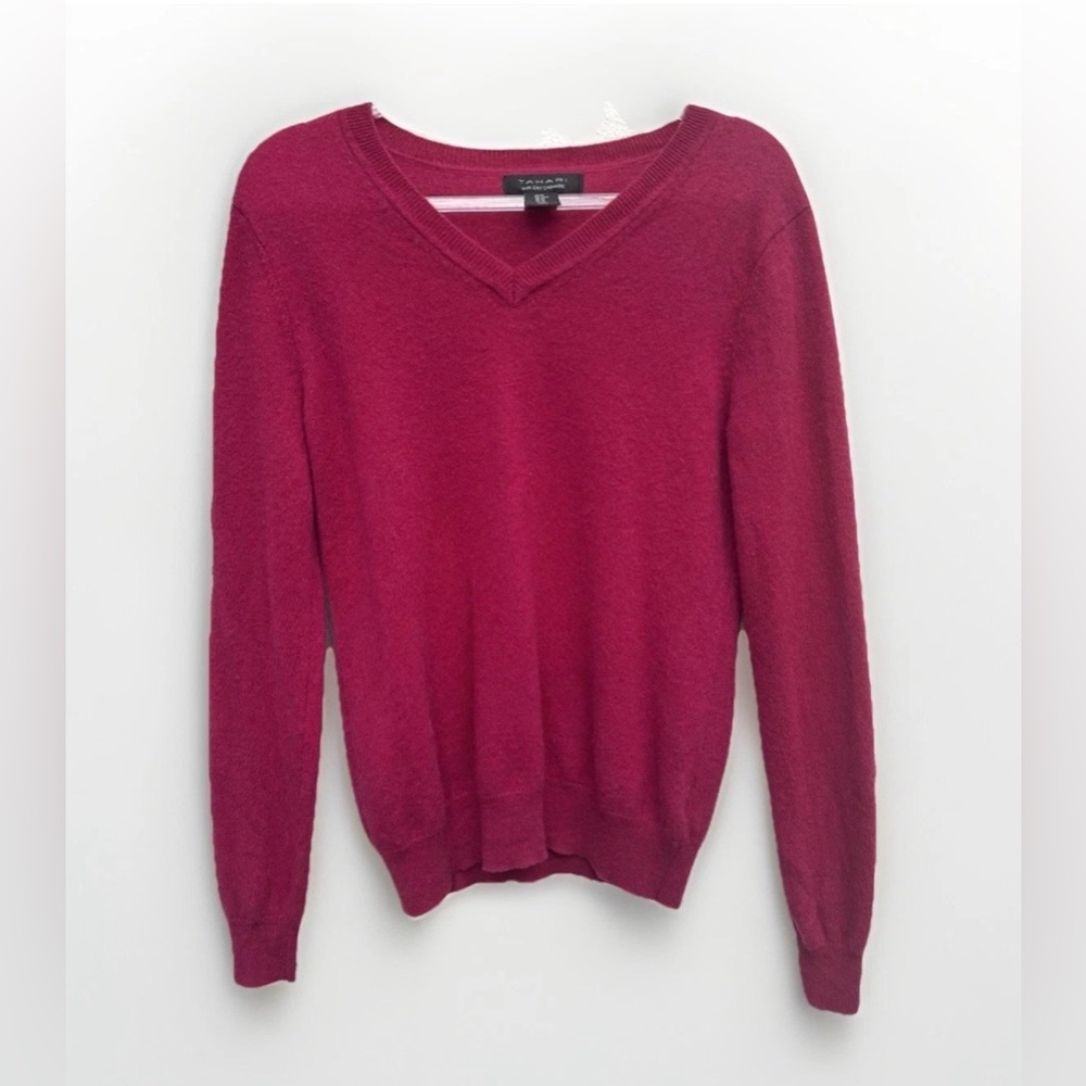 Tahari 100% Cashmere Sweater Fuschia Pink V-neck Women M Spring Quiet Luxury